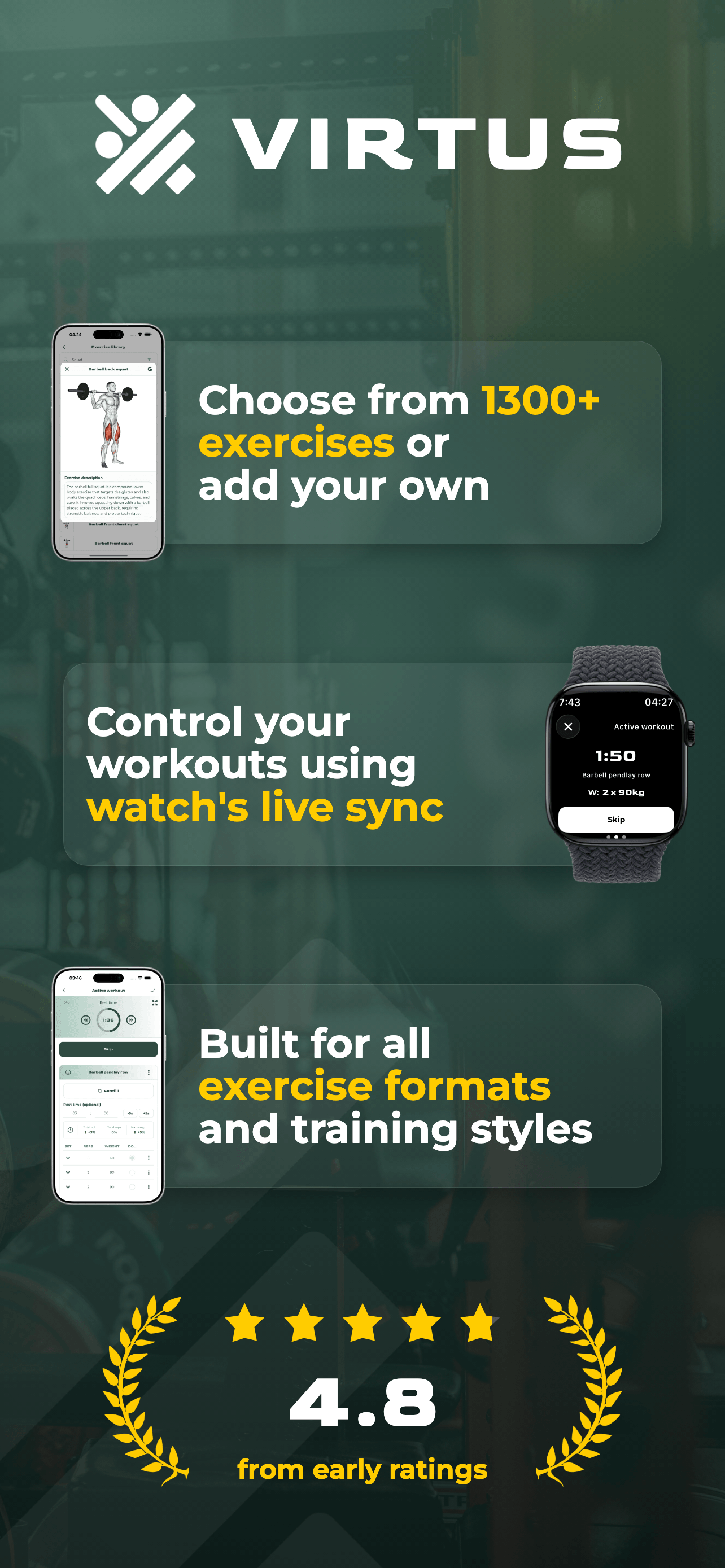 Virtus Athlete supports weightlifting, bodybuilding, powerlifting, calisthenics, strongman, CrossFit, mobility and cardio